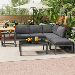 Zestaw krzeseł ogrodowych Sofa narożna Stolik kawowy szara 5 sztuk 4-5 osób